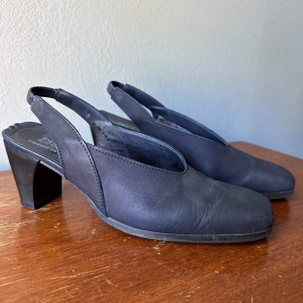 ARCHE Square Toe Navy Slingback Heels | EU 38 US 7.5-8 | leather 90's